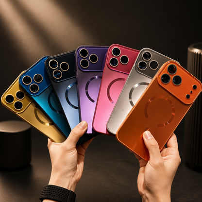 Hands fan out seven cases in yellow, blue, black, purple, pink, silver-gray, and orange. Each has a reflective magnetic ring and broad glossy camera panel.