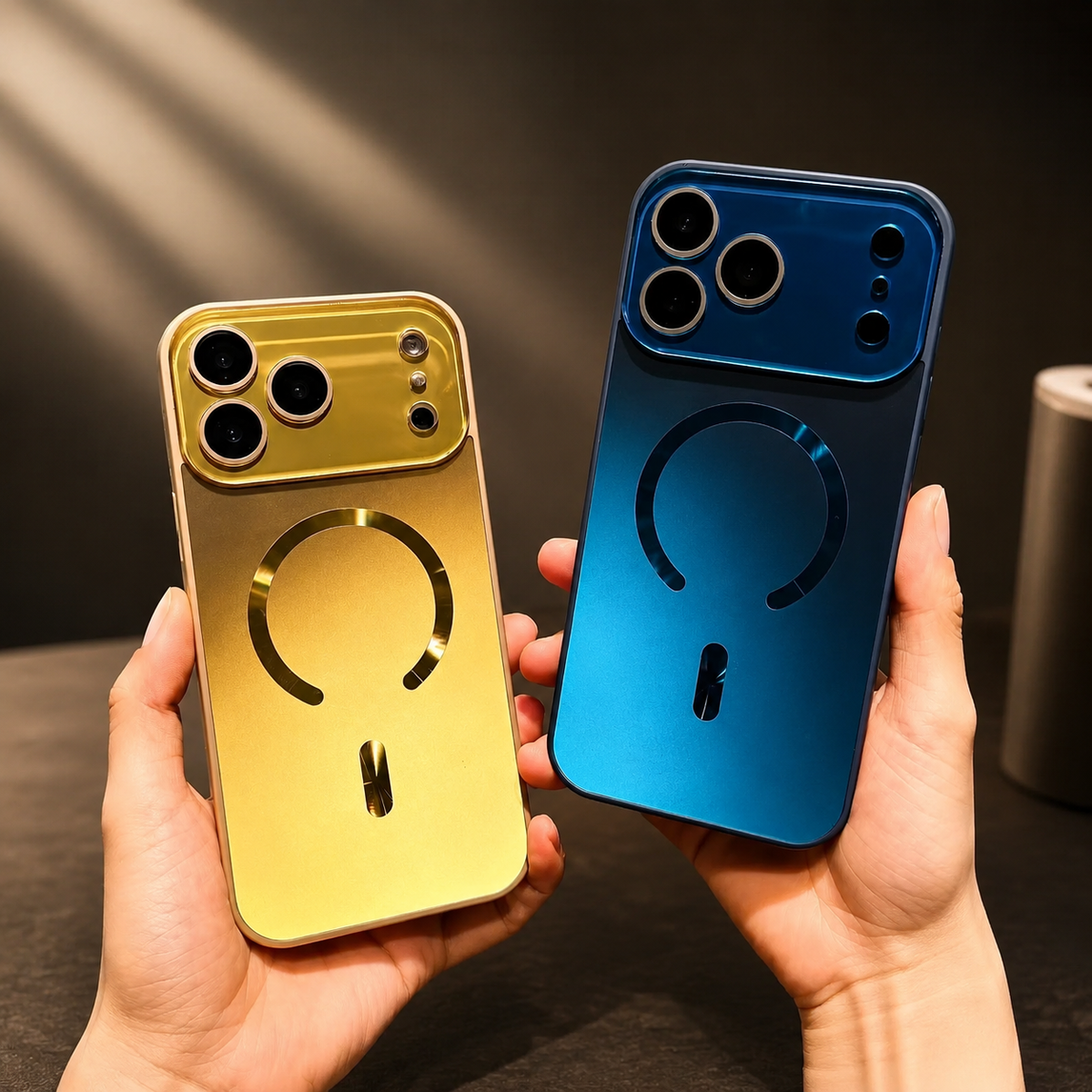 Hands hold yellow and blue cases upright side by side, displaying reflective magnetic rings and broad matching camera panels.