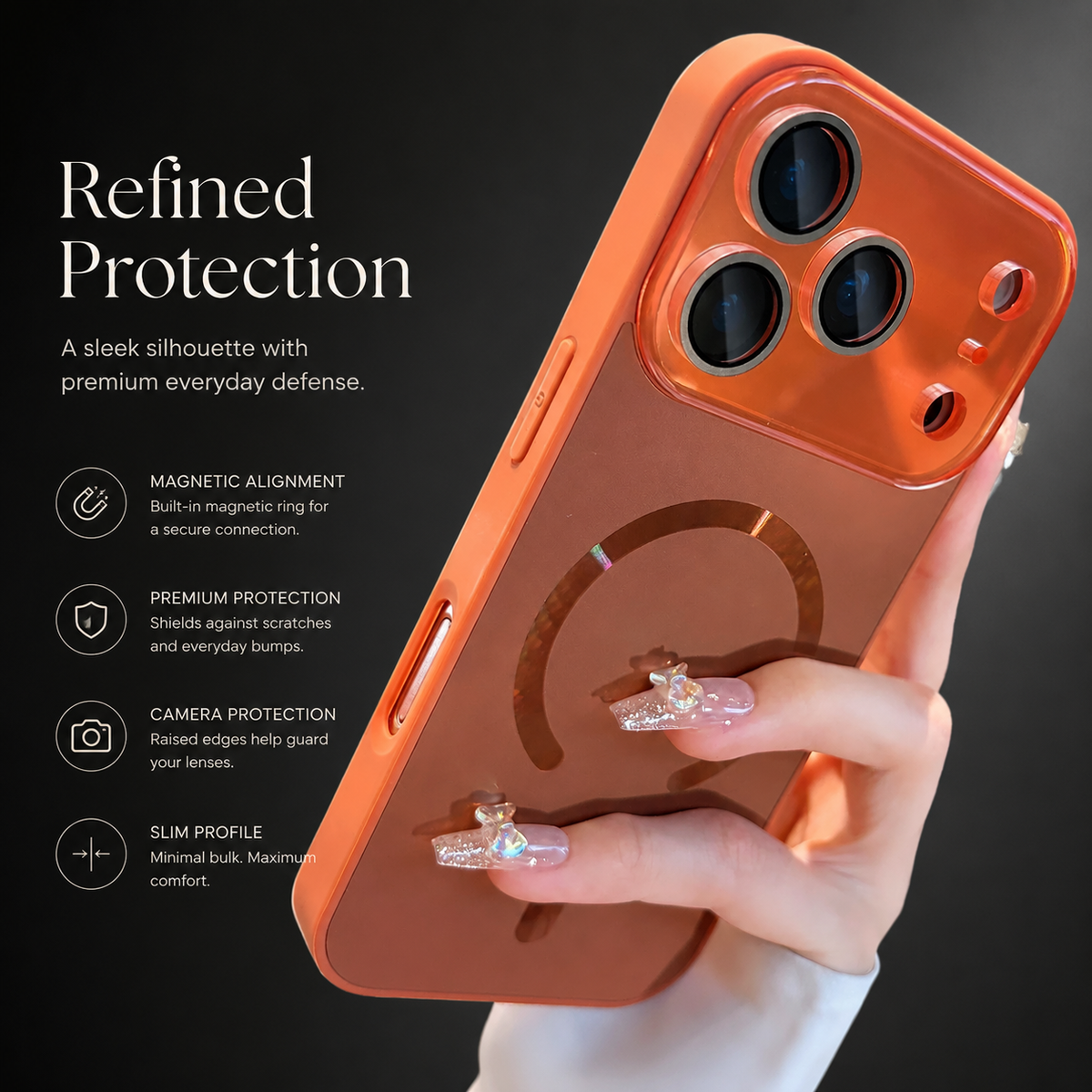 Hand holds an orange case upright with a reflective magnetic ring and matching camera panel. Text highlights magnetic alignment, raised camera protection, and a slim profile.
