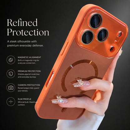 Hand holds an orange case upright with a reflective magnetic ring and matching camera panel. Text highlights magnetic alignment, raised camera protection, and a slim profile.
