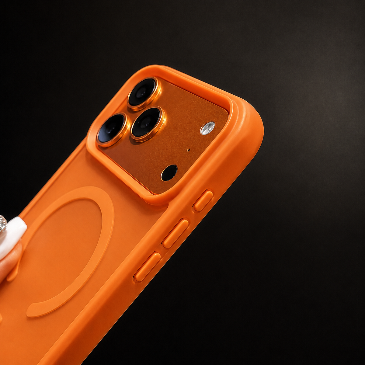 A hand holds an orange case close to the camera against black, showing raised camera edges, side buttons and translucent backing.