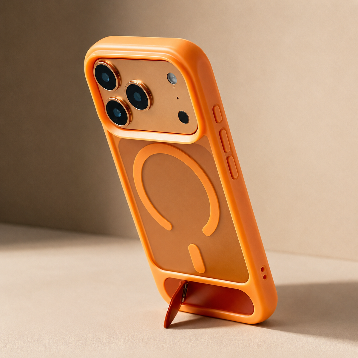 An orange case stands upright on its opened lower kickstand on a pale surface.