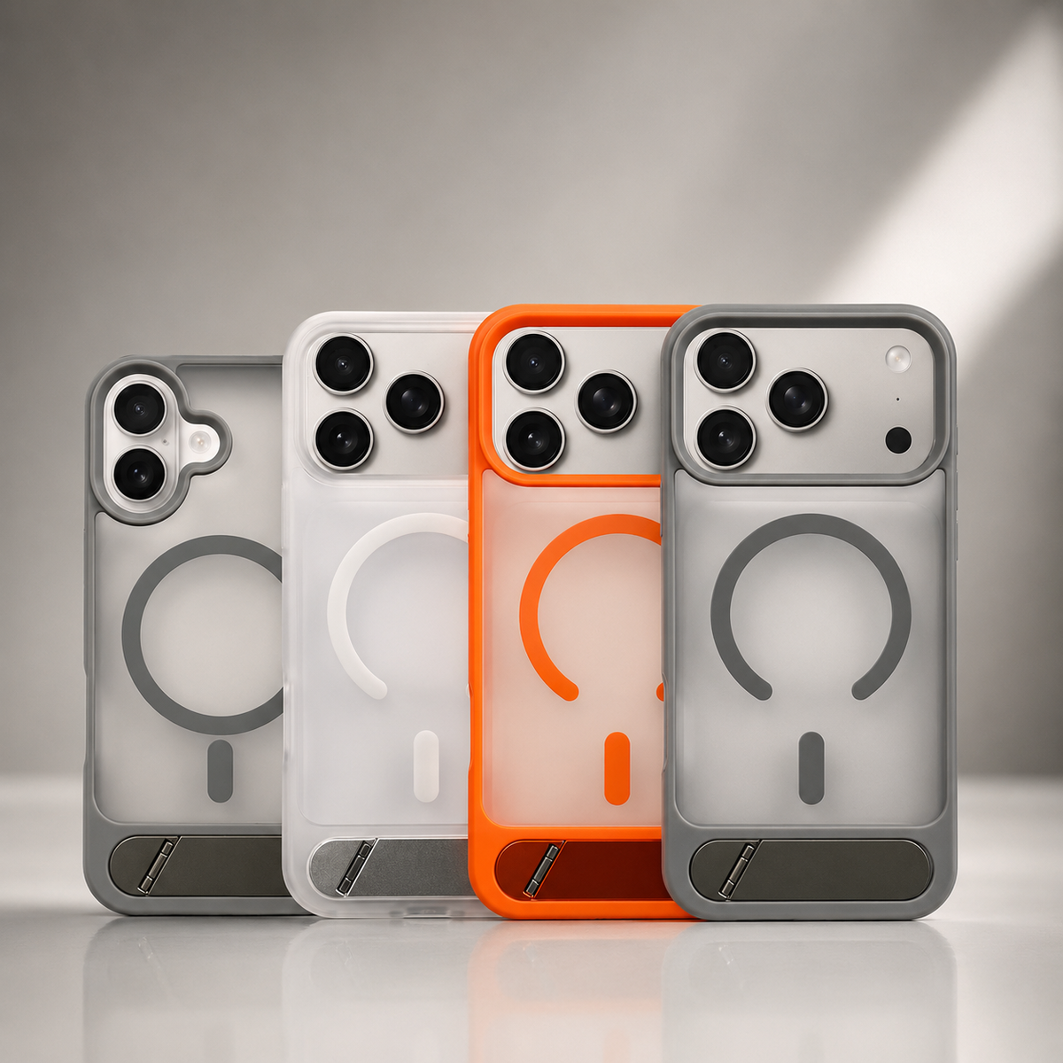 Gray, white, orange and dark translucent cases stand in a row, each with a circular magnetic design and flat lower kickstand.