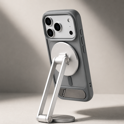 A gray case attaches rear-facing to a silver articulated magnetic phone stand on a pale surface.