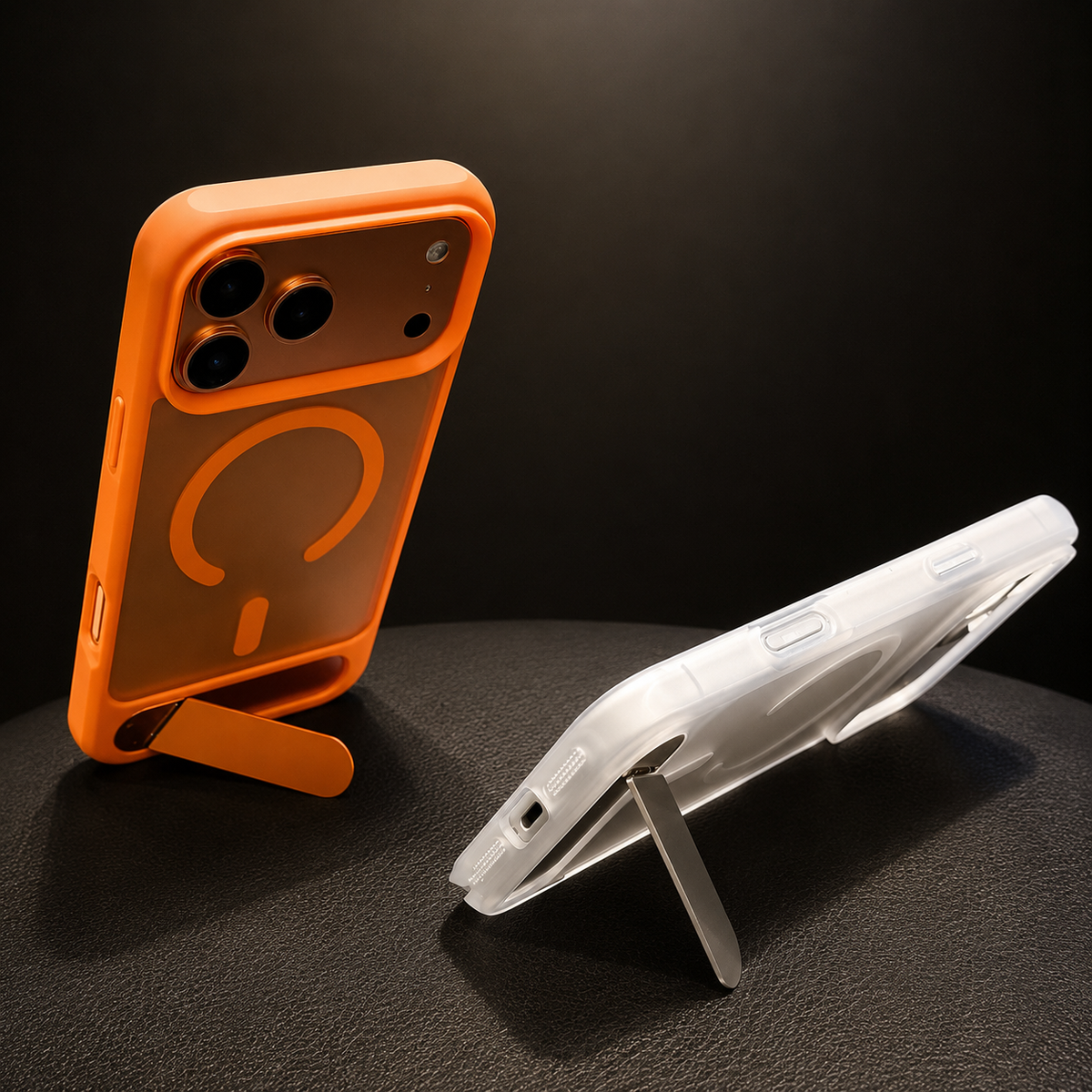 An orange case stands vertically while a white case rests horizontally, each supported by an extended lower kickstand.