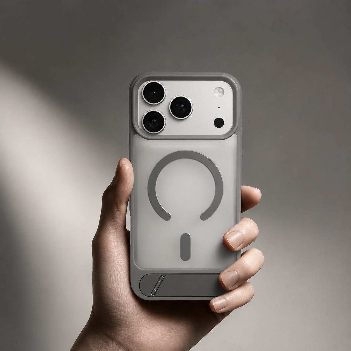 A hand holds a gray translucent case upright, displaying its wide camera opening, magnetic circle and inset kickstand.