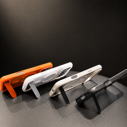 Orange, white, gray and dark cases support phones at different angles on their extended lower kickstands.