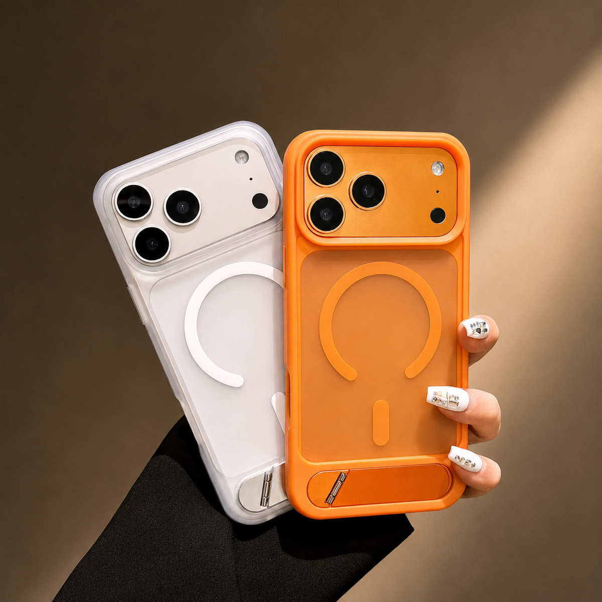 A hand holds white and orange cases side by side, showing their magnetic circles and wide camera openings.