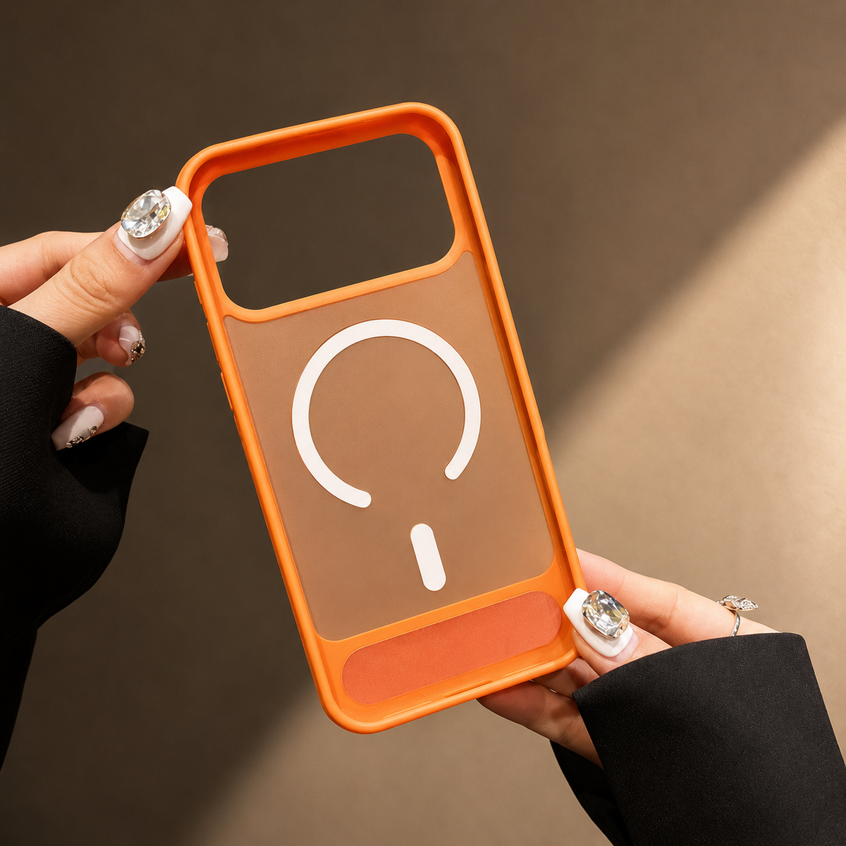 Hands hold an empty orange translucent case up to the light, showing its open camera cutout and pale circular magnetic marking.