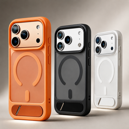 Orange, dark and white cases stand on pale platforms, showing their circular magnetic designs and flat lower kickstands.