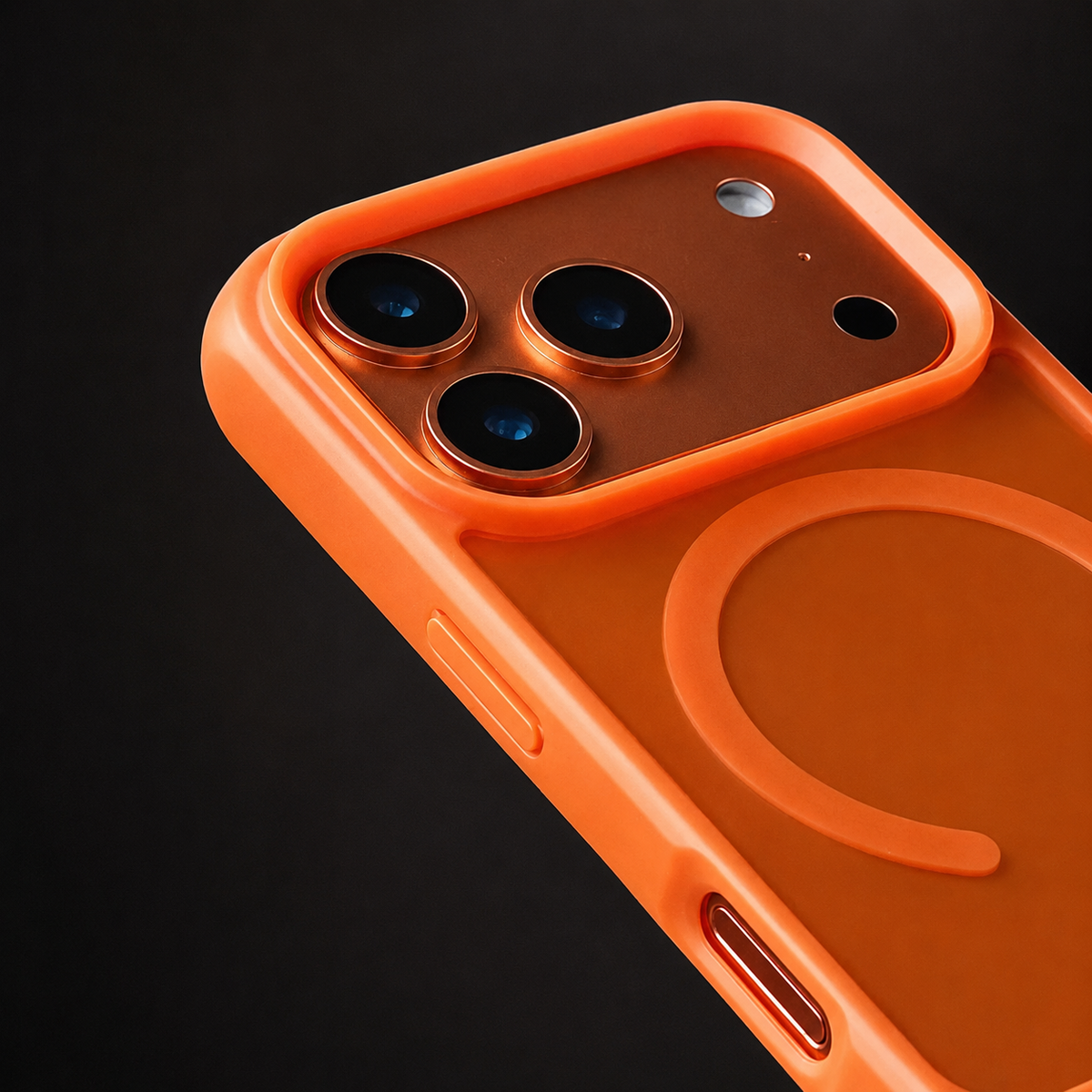 A close angled view shows an orange case's raised camera border, three lenses and side-button cover against black.