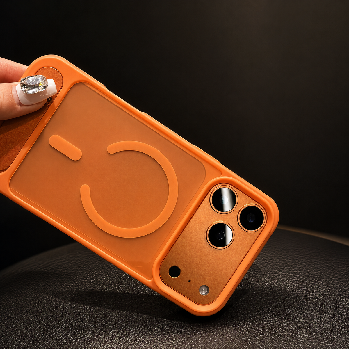 A hand holds an orange case horizontally over dark fabric, displaying its circular magnetic design and raised camera border.
