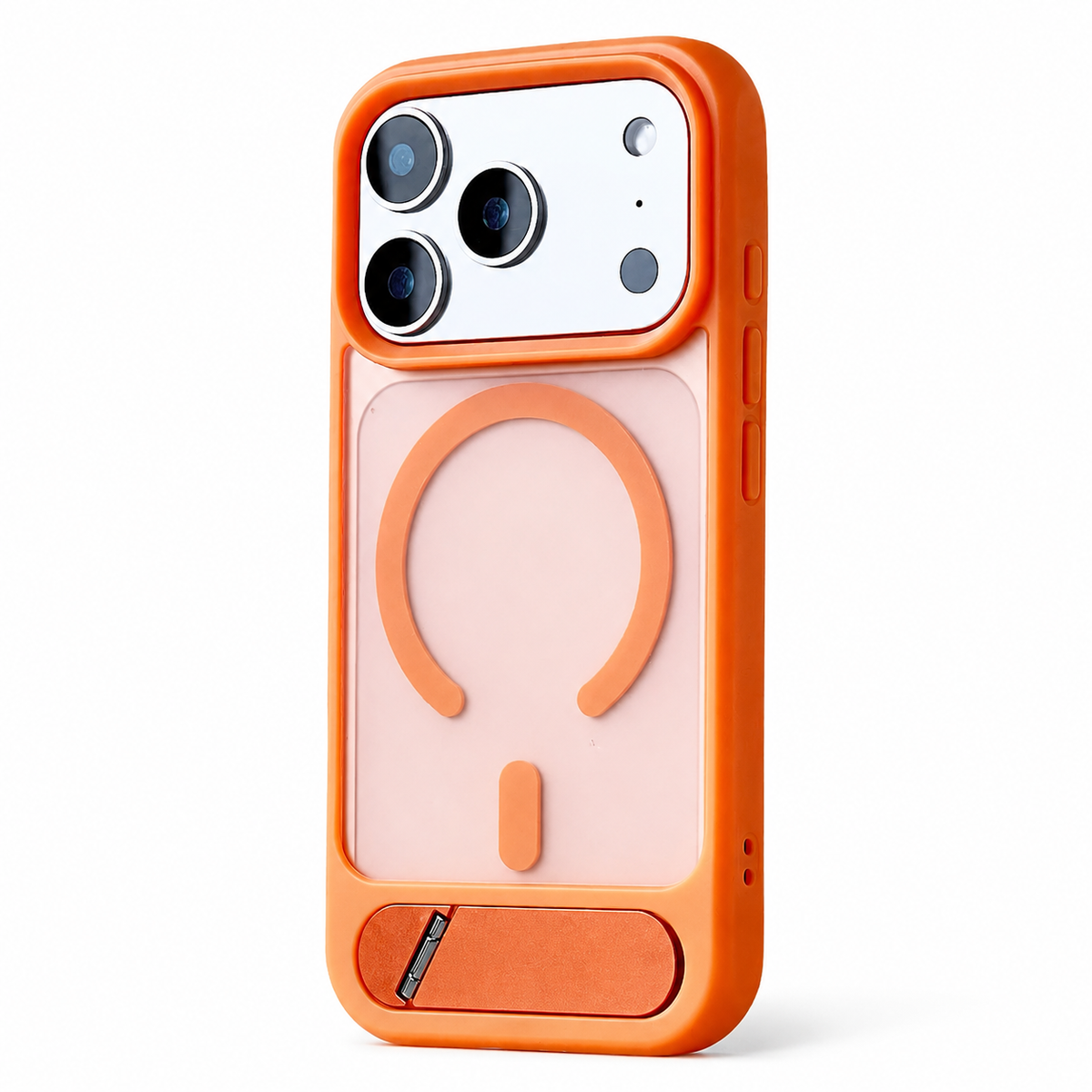 An orange translucent case stands rear-facing on white, with an orange open-circle magnetic design and flat lower kickstand.