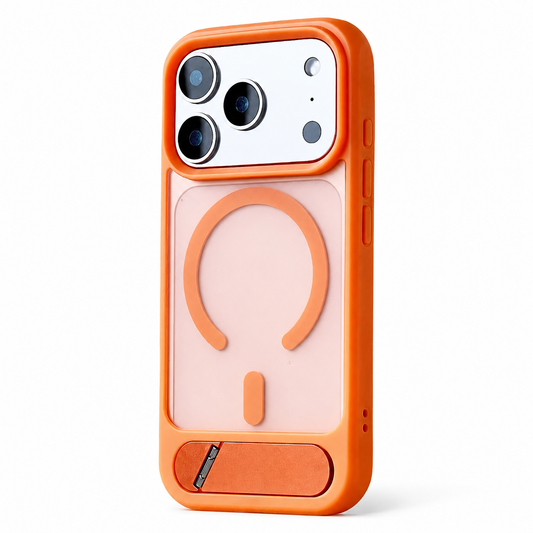 An orange translucent case stands rear-facing on white, with an orange open-circle magnetic design and flat lower kickstand.