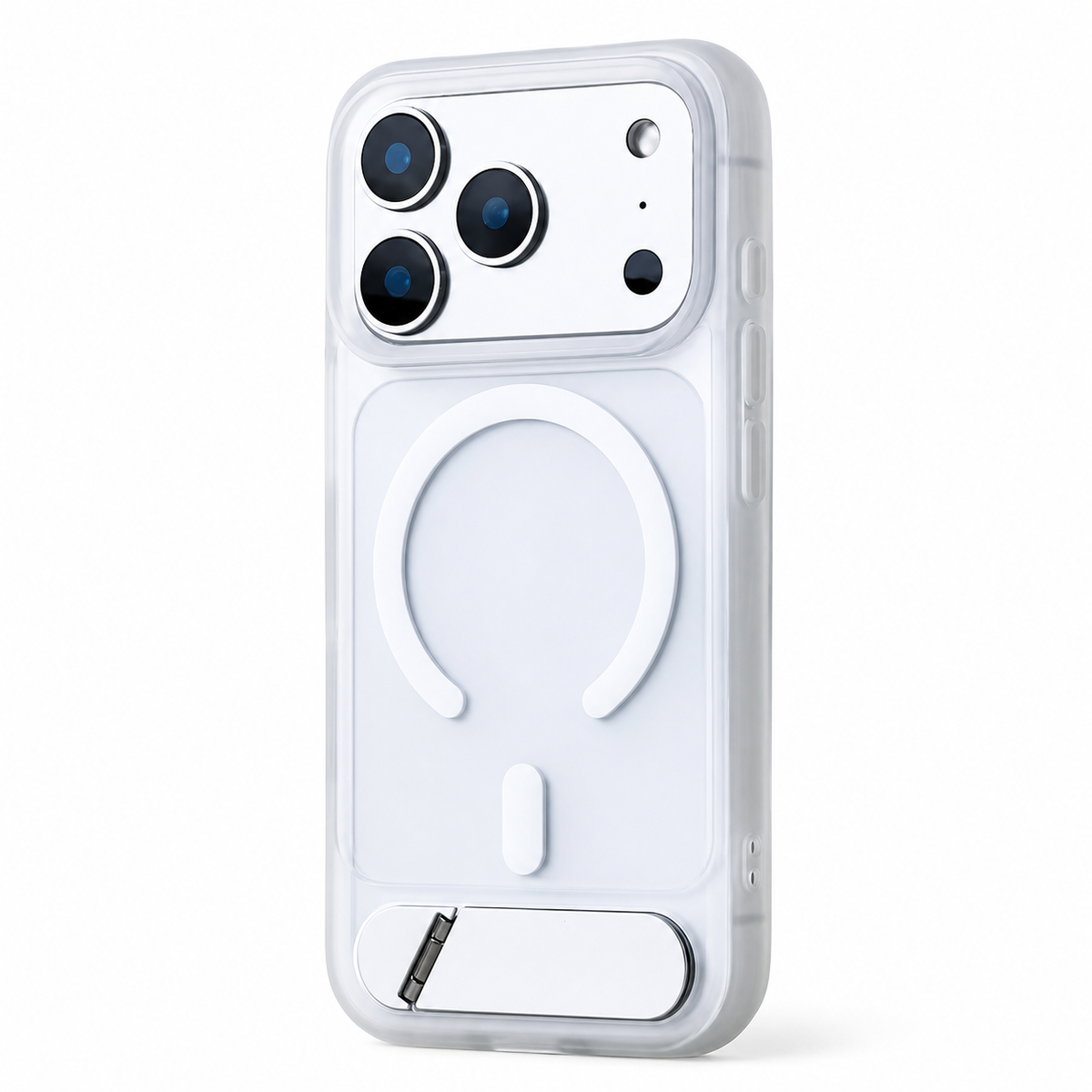 A white translucent case stands rear-facing on white, with a pale magnetic circle and silver-colored lower kickstand.