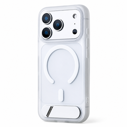 A white translucent case stands rear-facing on white, with a pale magnetic circle and silver-colored lower kickstand.