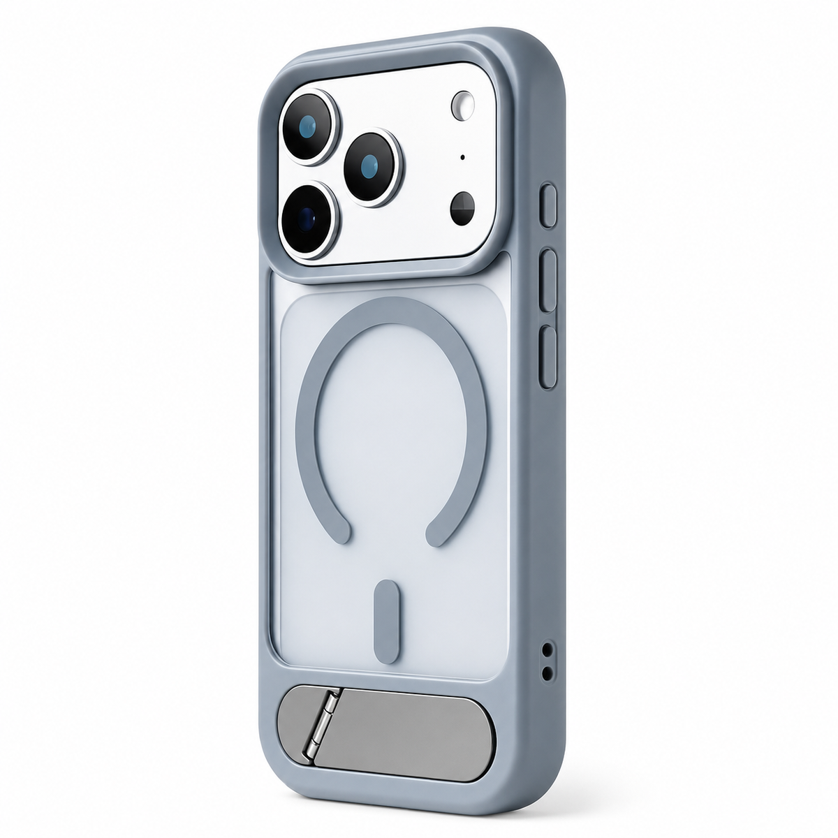 A gray translucent case stands rear-facing on white, showing a gray magnetic circle and inset silver-colored kickstand.