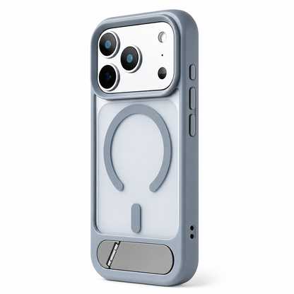 A gray translucent case stands rear-facing on white, showing a gray magnetic circle and inset silver-colored kickstand.