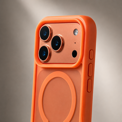 A close view of an orange case shows three camera lenses, a raised camera border, side buttons and the upper part of its circular magnetic design.