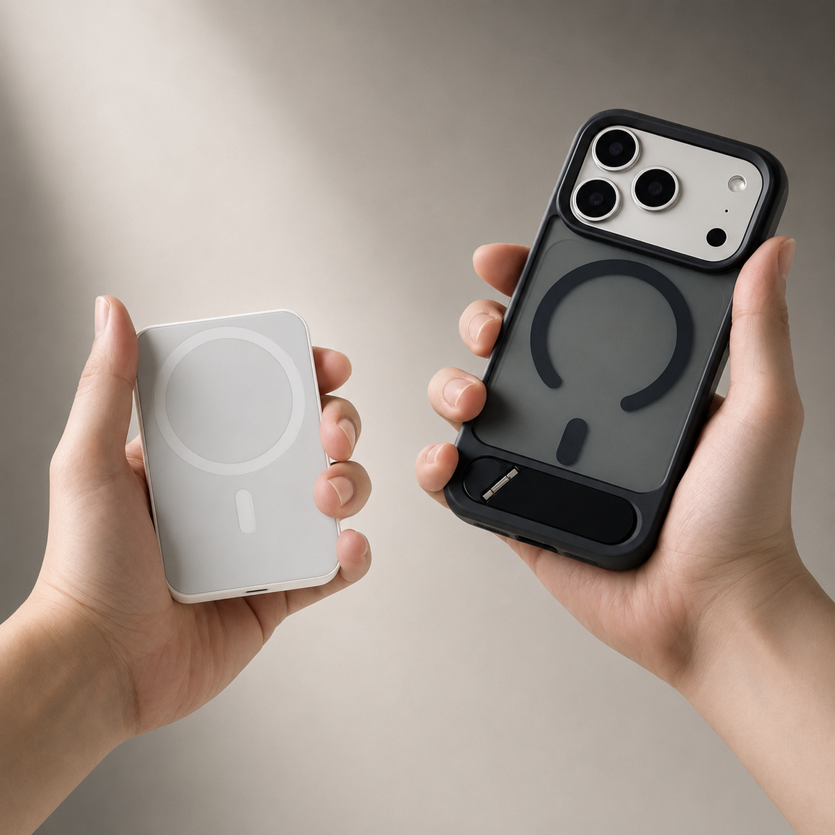 Hands hold a white magnetic battery pack and a dark translucent case separately, showing the matching circular magnetic areas.