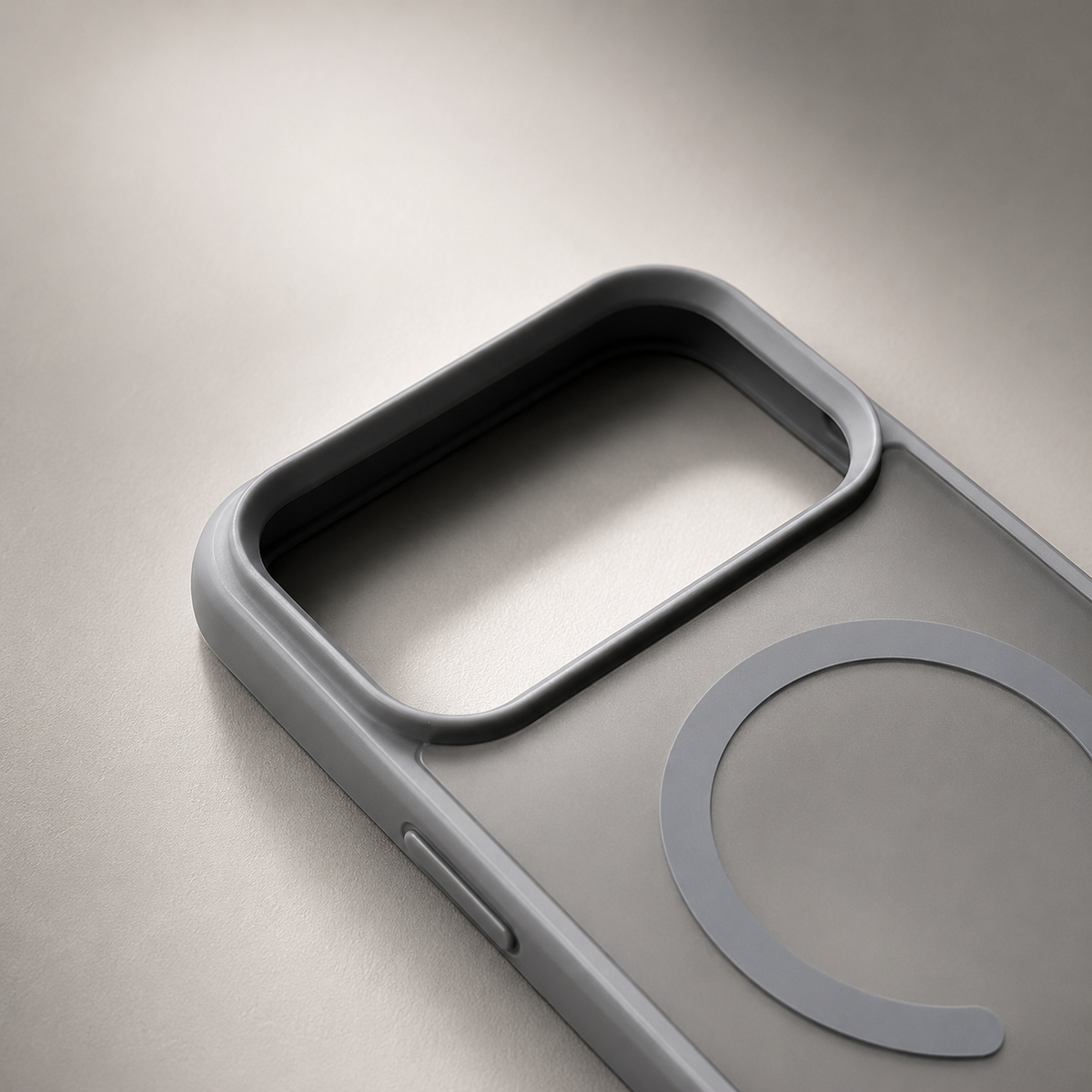A close view of an empty gray case shows its large raised camera opening and part of the magnetic circle.
