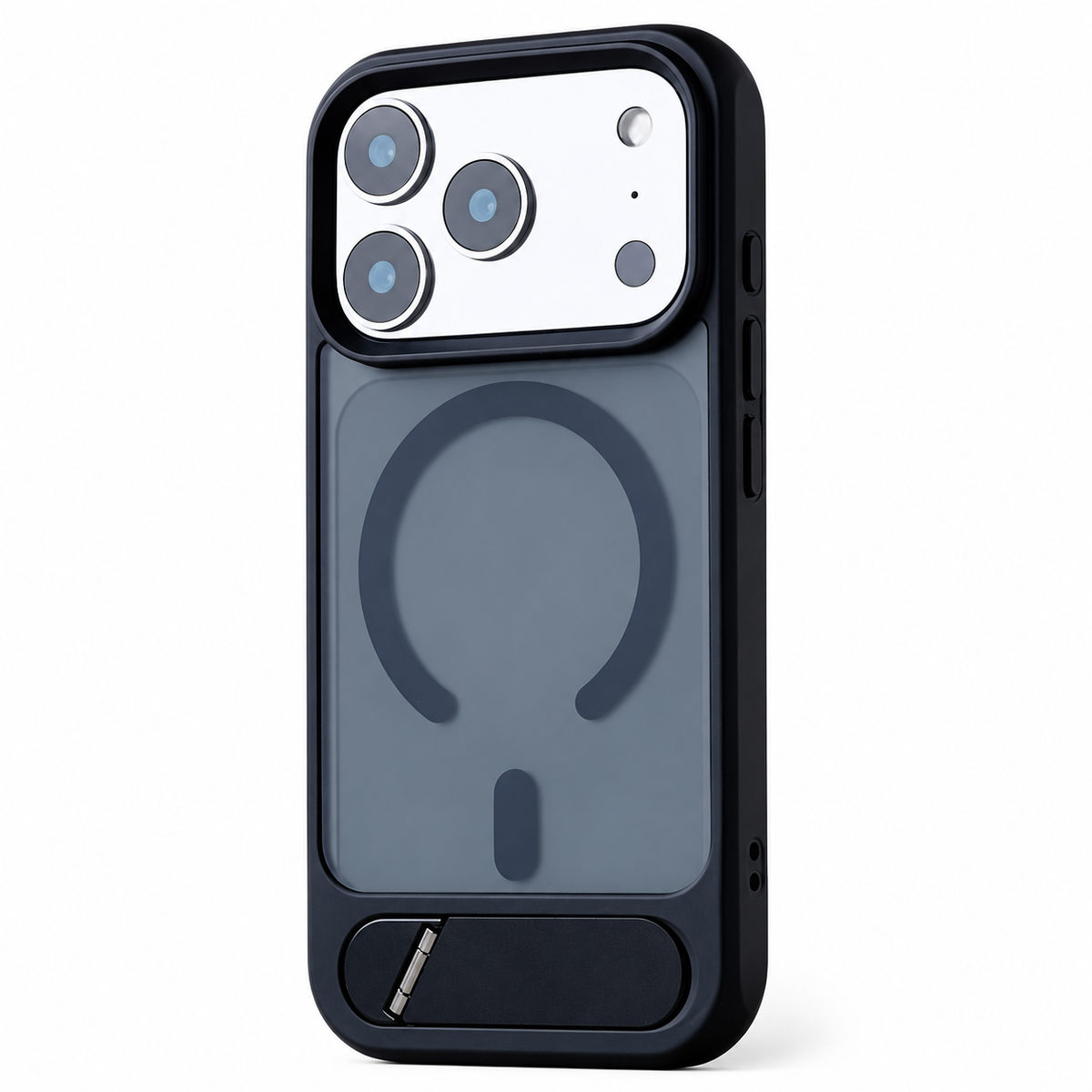 A dark translucent case stands rear-facing on white. An open circular magnetic design sits below a wide camera opening, and a flat black kickstand is inset near the bottom.