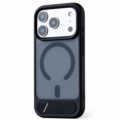 A dark translucent case stands rear-facing on white. An open circular magnetic design sits below a wide camera opening, and a flat black kickstand is inset near the bottom.