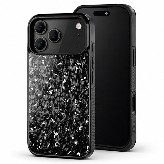Front and rear views of a black phone case stand on white. The glossy back has bright silver and black shard-like patches below a broad three-lens camera panel, with rounded protective edges.