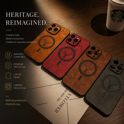 Orange-tan, red, brown and charcoal stag-emblem cases lie diagonally in an overlapping row on a wooden café table, partly over a sheet of paper. A takeaway cup sits at the upper right. The heading reads Heritage. Reimagined, with labels for compatibility, protection, finish and camera borders.
