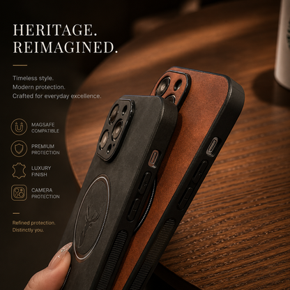 Close side view of overlapping charcoal and brown stag-emblem phone cases held above wood. The black side frames, elongated buttons, camera lips and thickness of the back panels are visible. The heading reads Heritage. Reimagined, beside feature labels.