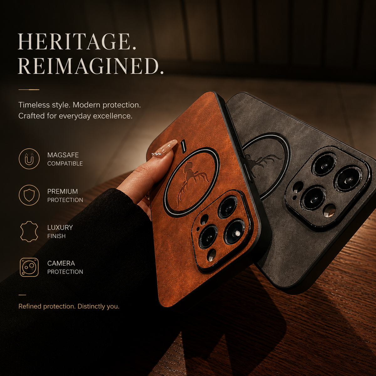 A hand holds orange-tan and charcoal stag-emblem cases diagonally above a wooden table. The camera panels sit at the lower right, showing raised lens borders, while dark rings mark the backs. The heading reads Heritage. Reimagined.