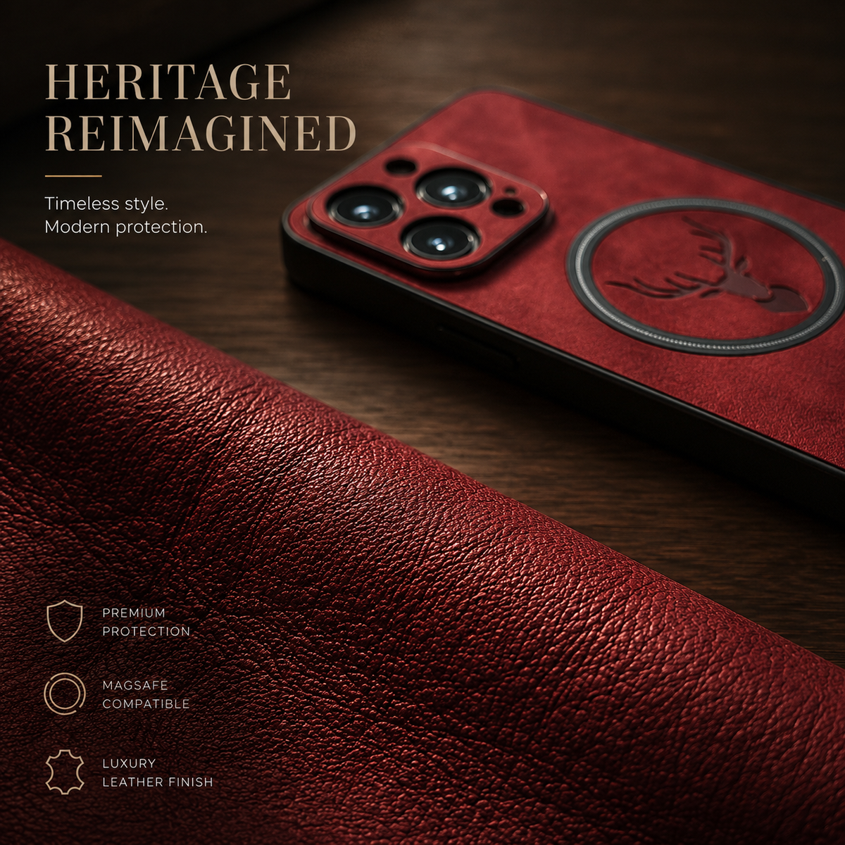 Close angled view of a red stag-emblem phone case lying on dark wood beside a rolled red material. The mottled red back, black magnetic circle and raised camera surround are visible. The heading reads Heritage Reimagined, with protection, compatibility and finish labels.