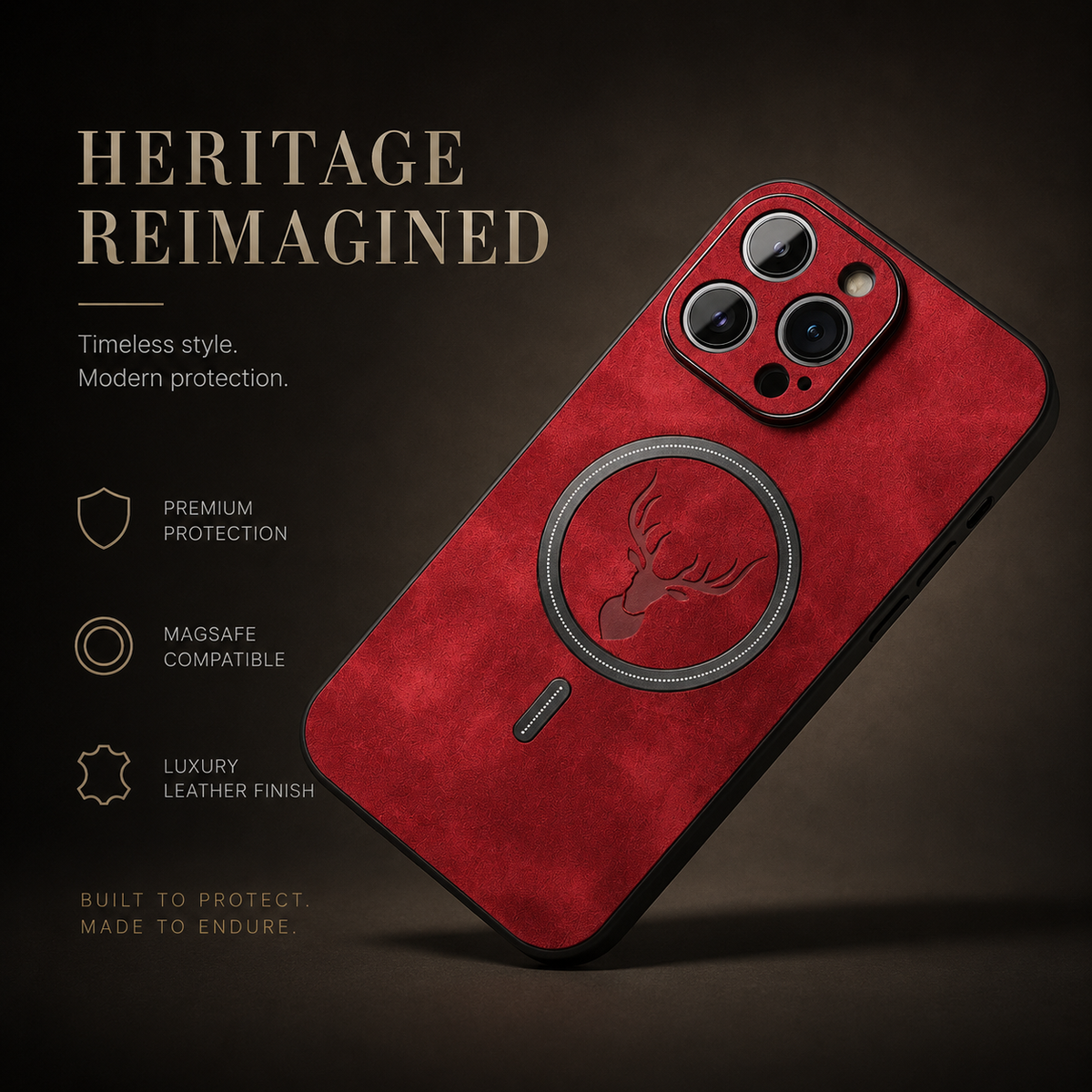 A red stag-emblem case is displayed diagonally against a softly lit dark background. Its black circular ring, embossed deer head, lower alignment mark and raised camera panel contrast with the mottled red surface. The heading reads Heritage Reimagined.