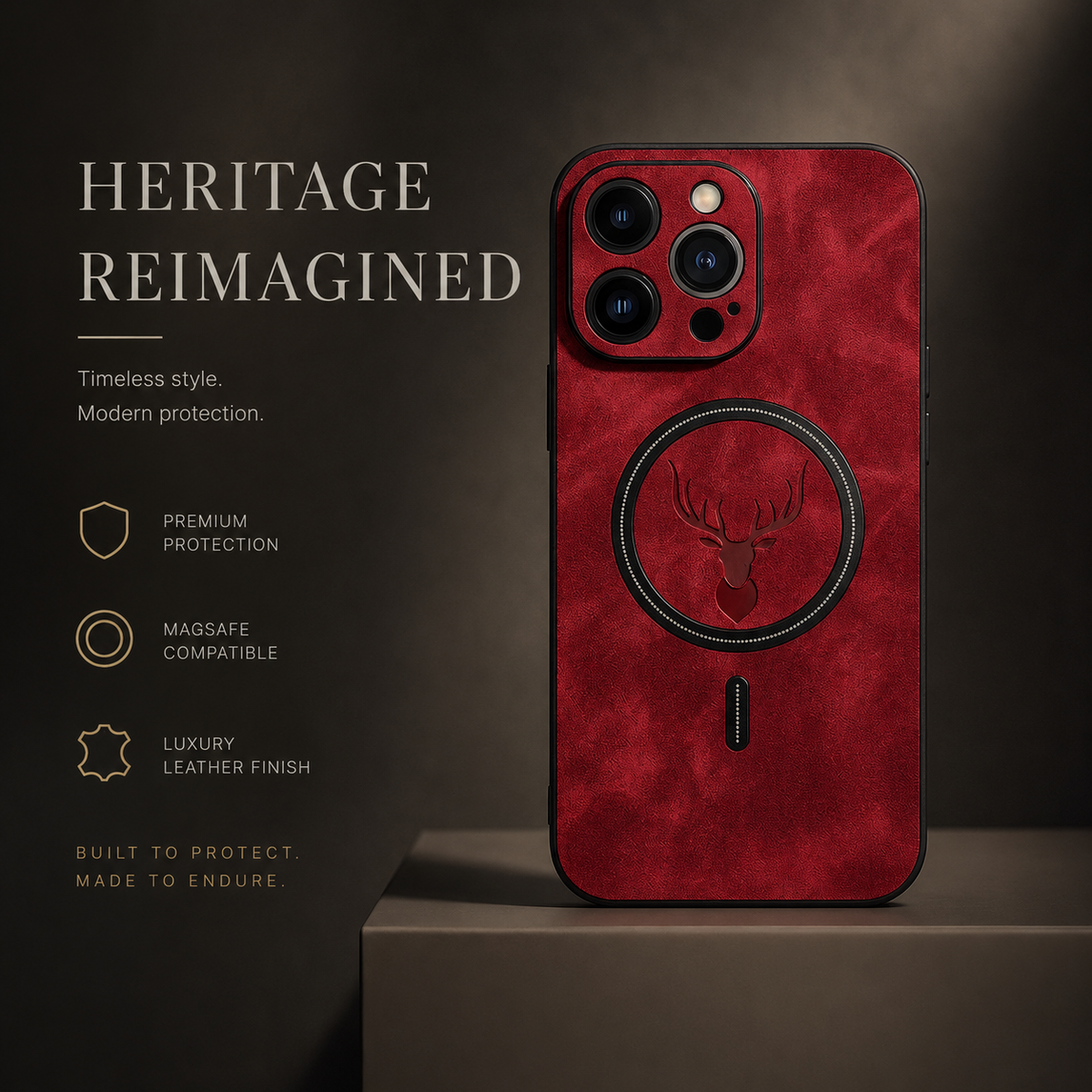 A red stag-emblem case stands upright on a dark rectangular pedestal. Black rings surround the deer emblem and camera lenses. The heading reads Heritage Reimagined, with labels advertising protection, MagSafe compatibility and leather finish.