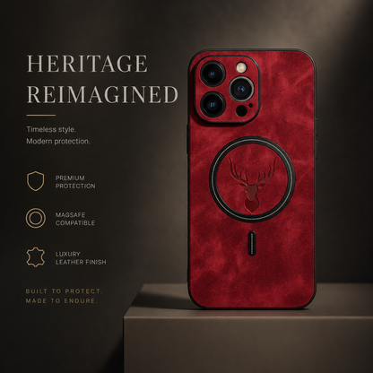A red stag-emblem case stands upright on a dark rectangular pedestal. Black rings surround the deer emblem and camera lenses. The heading reads Heritage Reimagined, with labels advertising protection, MagSafe compatibility and leather finish.