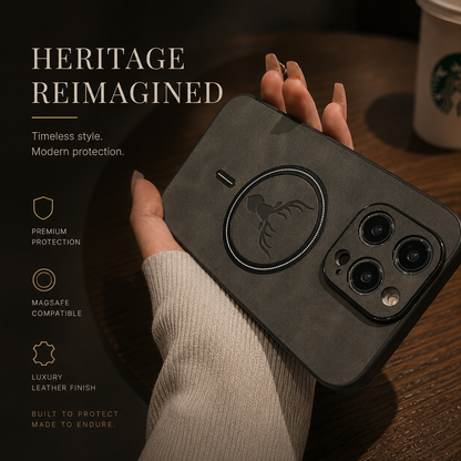 A hand in a cream knit sleeve holds a charcoal stag-emblem case diagonally above a wooden café table. Its dark magnetic circle, deer head and raised camera surround are visible beside a blurred takeaway cup. The heading reads Heritage Reimagined.