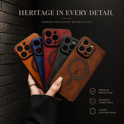 A hand fans five stag-emblem cases in orange, blue, red, charcoal and brown against a dark wooden background. The embossed deer heads sit inside dark circular magnetic markings beneath the cameras. The heading reads Heritage in Every Detail, with labels for protection, compatibility and leather finish.