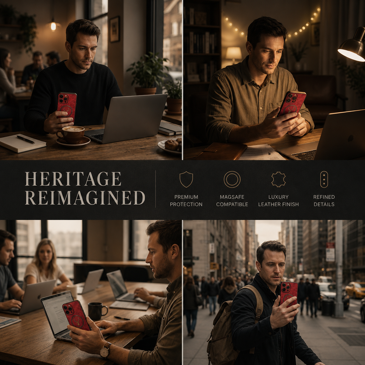 A four-photo collage shows people using a red stag-emblem phone case: two men at laptop tables, a group conversing at a café and a man holding the phone outdoors. The heading reads Heritage Reimagined, beside protection, compatibility and finish icons.