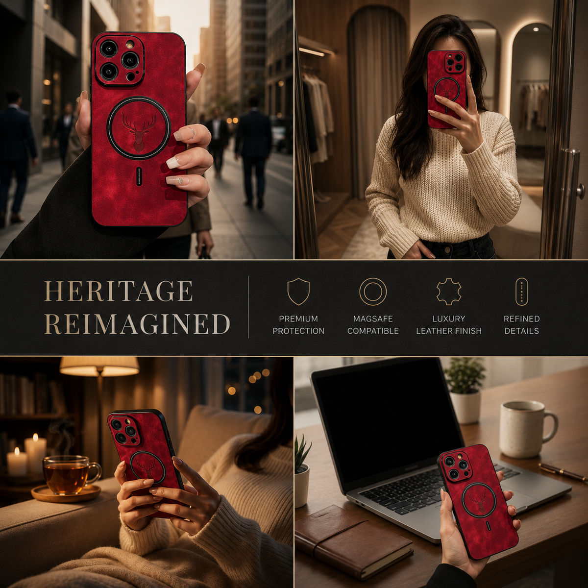 A four-photo collage shows a red stag-emblem case held on a city street, used by a woman indoors, held while reclining and resting beside a laptop and cup. The heading reads Heritage Reimagined, with protection, compatibility, finish and refined-details icons.