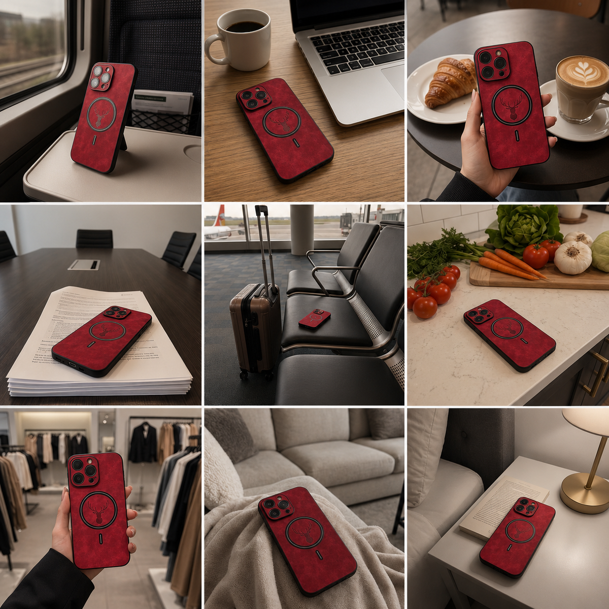 A nine-photo collage follows a red stag-emblem case through daily settings. It rests near laptops and drinks, on tables and upholstered seating, and is held on public transport. The red mottled back, black circular magnetic ring and raised camera borders remain visible throughout.