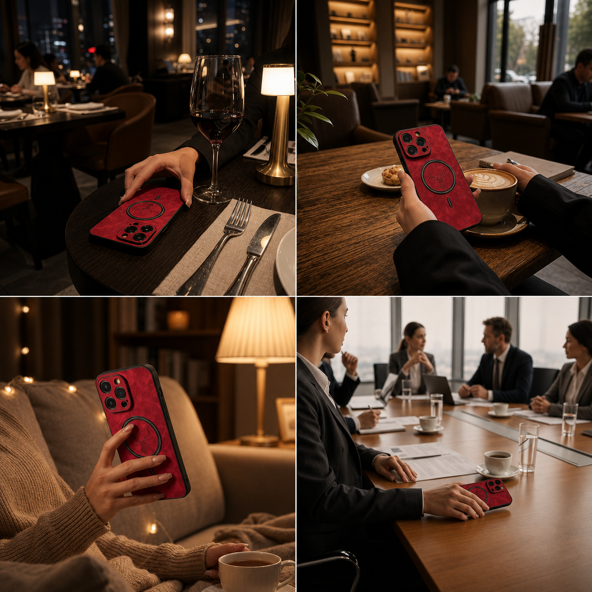 A four-photo collage shows a red stag-emblem case at warmly lit restaurant and lounge tables, held by a reclining person and resting beside a seated group. Lamps, cups, laptops and wood surfaces provide the surroundings.