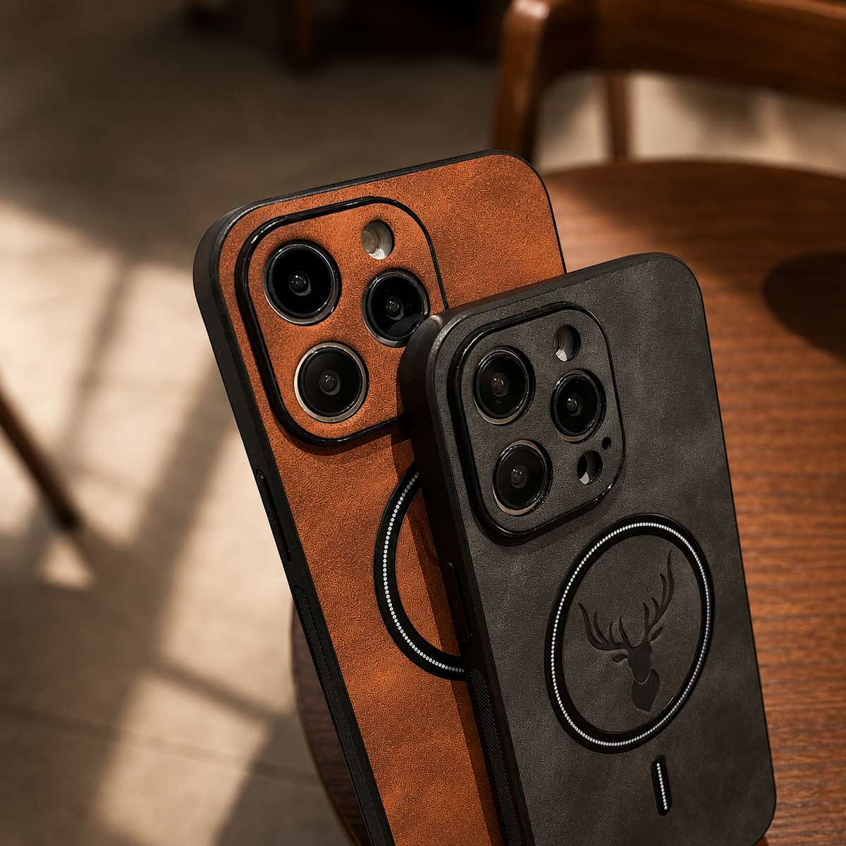 Brown and charcoal stag-emblem cases overlap upright in warm light near a wooden table. Their mottled back panels, dark magnetic rings and raised camera borders are shown closely, with shadows falling across the background.