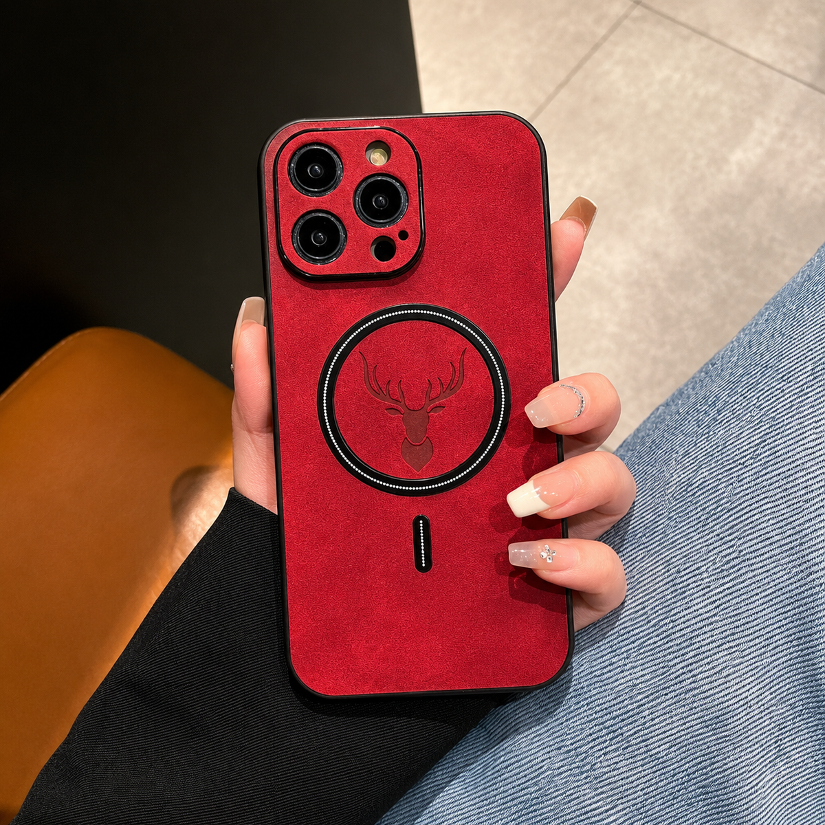 A hand with long pale nails holds a red phone case upright in a café-like setting with a wooden table, tiled floor or upholstered seating behind it. The mottled back has a dark circular ring surrounding an embossed stag head and a short alignment mark below. Matching raised borders surround the camera lenses.