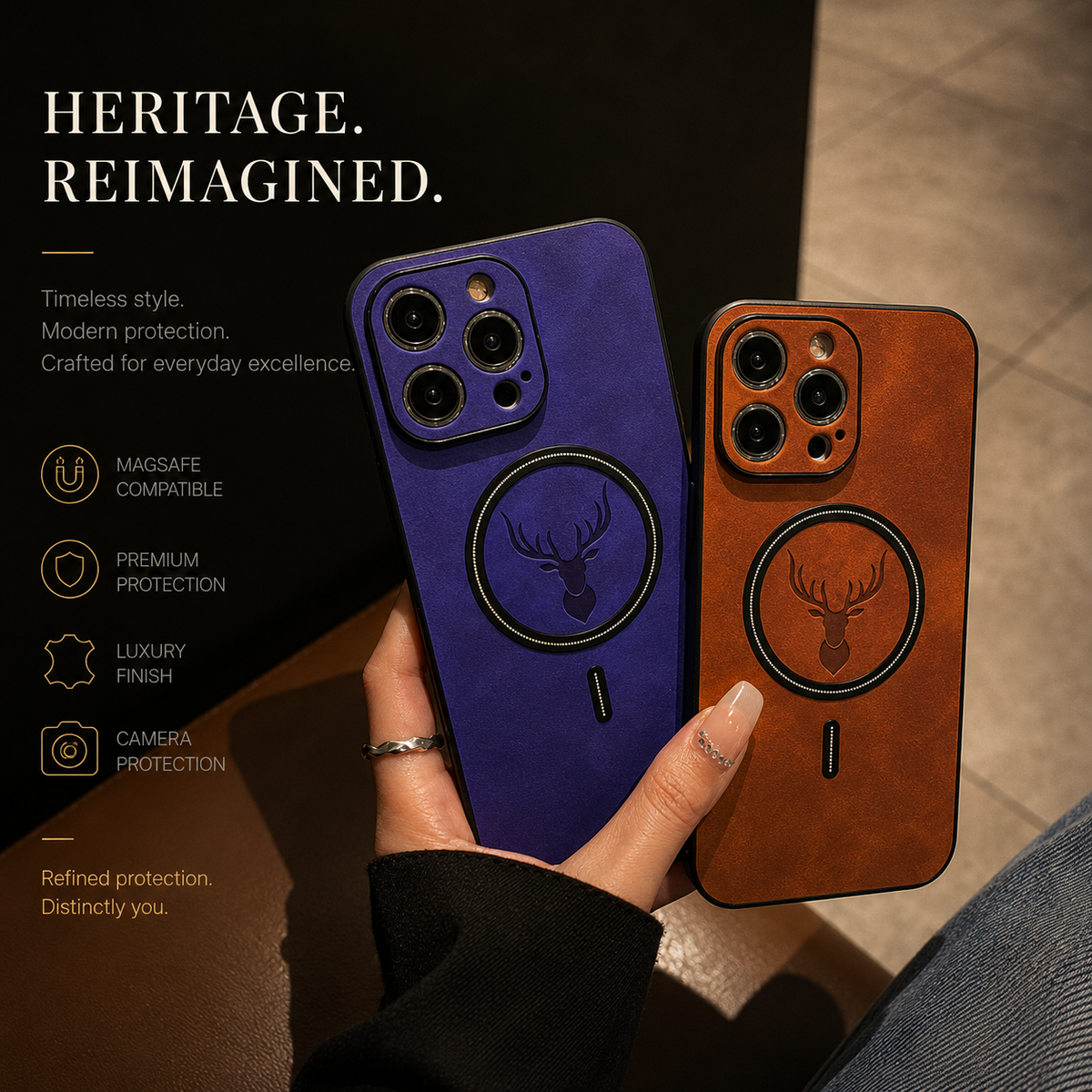A hand fans blue-purple and orange-tan stag-emblem cases above a wooden café table. Dark magnetic rings encircle the embossed deer heads beneath the cameras. The heading reads Heritage. Reimagined, with labels advertising MagSafe compatibility, protection, leather finish and camera borders.