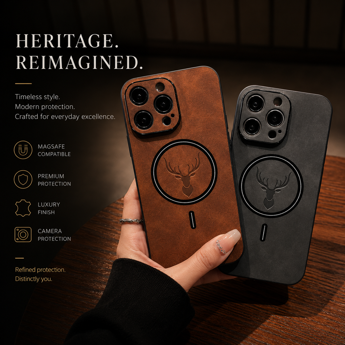 A hand holds brown and charcoal stag-emblem cases side by side above a warm wooden table. Each has a dark circular ring and short alignment mark beneath its camera panel. The heading reads Heritage. Reimagined, with labels for magnetic compatibility, protection, finish and camera borders.