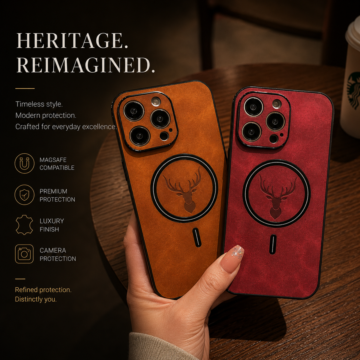 A hand holds orange-tan and red stag-emblem cases side by side above a wooden café table. Dark circular magnetic rings surround their embossed deer heads, with matching camera borders above. The heading reads Heritage. Reimagined, beside feature labels.