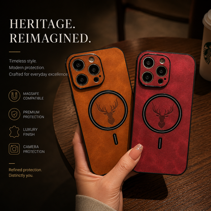 A hand holds orange-tan and red stag-emblem cases side by side above a wooden café table. Dark circular magnetic rings surround their embossed deer heads, with matching camera borders above. The heading reads Heritage. Reimagined, beside feature labels.