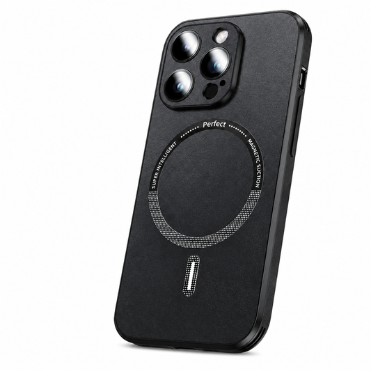 A black leather-look phone case leans upright against white. A dotted circular ring marked 'Perfect' and a short bar decorate its textured back beneath a raised three-lens camera surround.