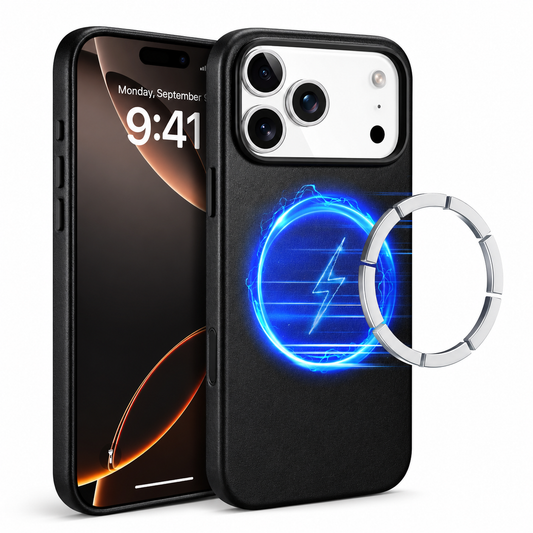 Front and rear views of a black textured case stand on white. A glowing blue magnetic circle and floating segmented ring illustrate attachment below the broad camera opening.