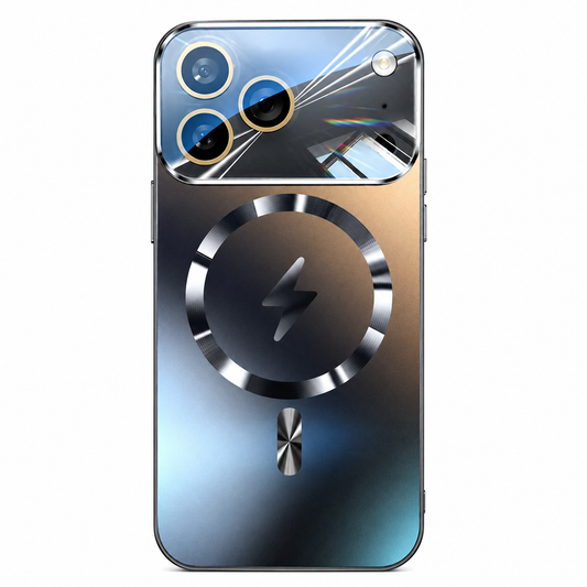 Dark metallic-looking phone case upright against white, with a reflective wide camera panel, a circular ring around a lightning symbol and a short bar below.